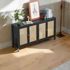 Homecrest Wexley black sideboard with natural rattan door panels, adjustable internal shelving, and four doors.