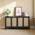 Homecrest Wexley black sideboard with four doors featuring natural rattan panels and adjustable internal shelving