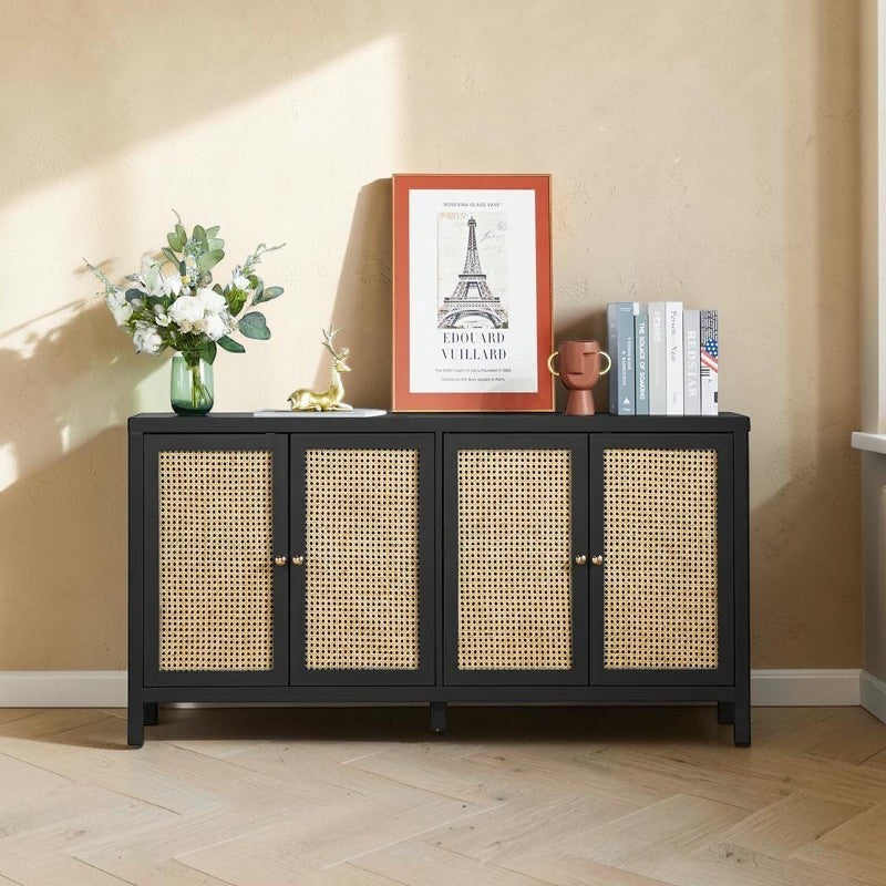 Homecrest Wexley black sideboard with four doors featuring natural rattan panels and adjustable internal shelving