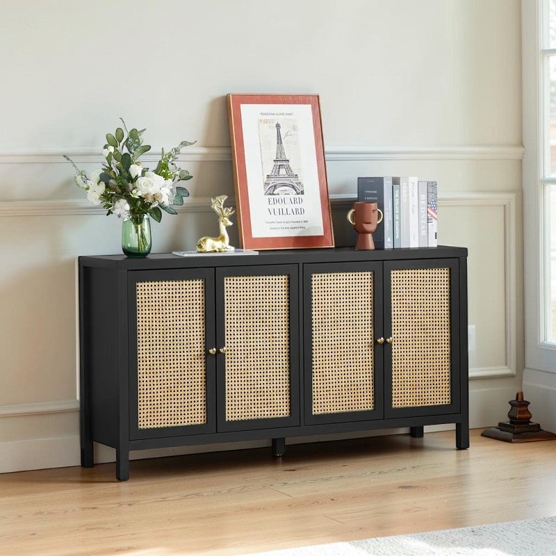 Homecrest Wexley black sheesham wood sideboard with natural rattan door panels and adjustable internal shelving