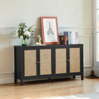 Homecrest Wexley black sheesham wood sideboard with natural rattan door panels and adjustable internal shelving