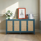 Homecrest Wexley blue sideboard with natural rattan door panels and adjustable internal shelving in a living room.