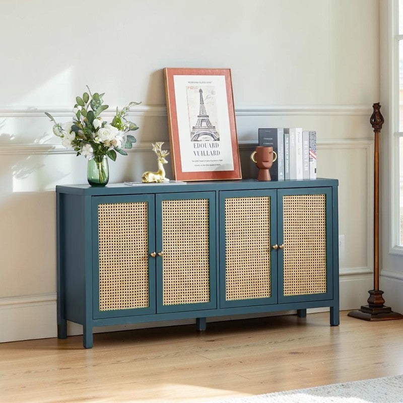 Homecrest Wexley blue sheesham wood sideboard with four rattan cabinet doors and adjustable internal shelving