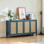 Homecrest Wexley blue sheesham wood sideboard with four rattan cabinet doors and adjustable internal shelving
