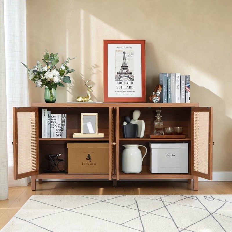 Homecrest Wexley natural sheesham wood sideboard with rattan door panels and open storage shelves