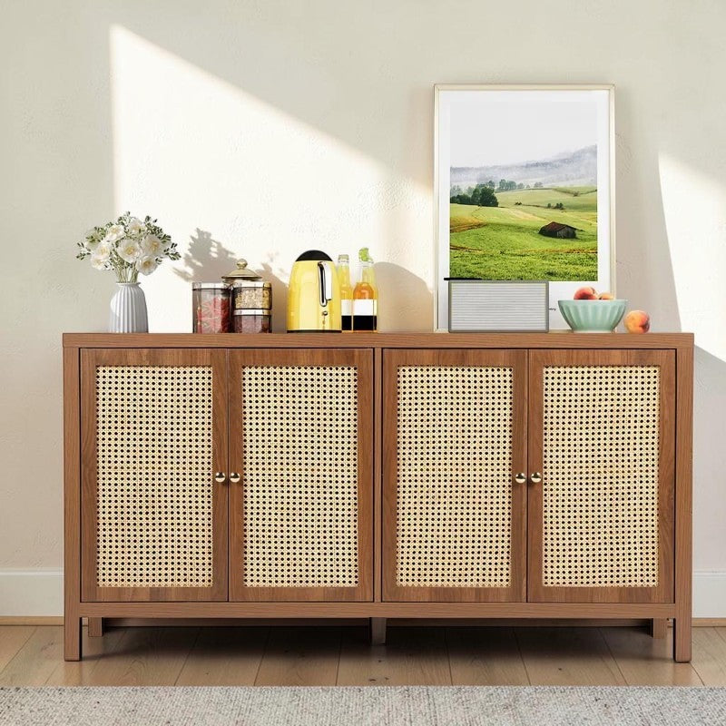 Homecrest Wexley sideboard in natural sheesham wood with rattan door panels and adjustable internal shelving