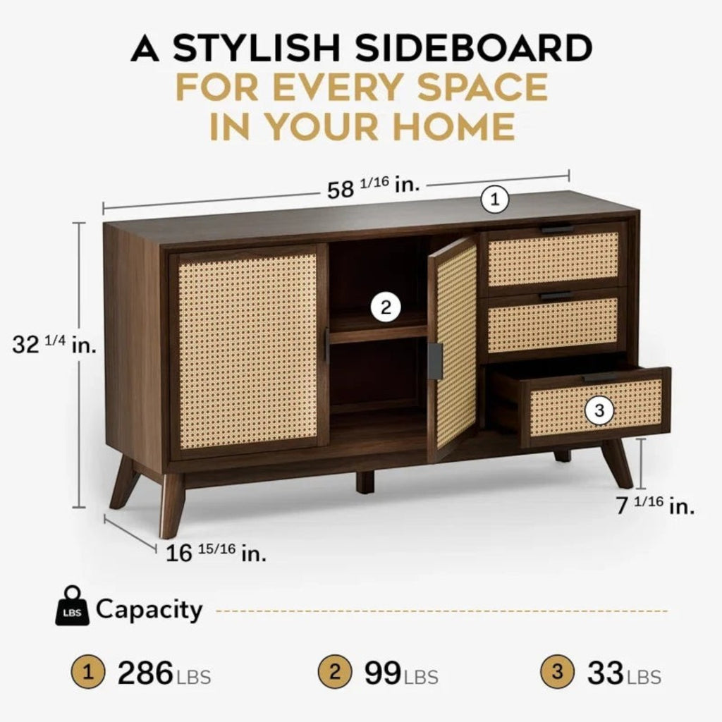Homecrest Whitlock walnut sideboard with rattan door panels, three drawers, and tall legs showing dimension specs.