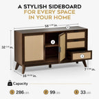 Homecrest Whitlock walnut sideboard with rattan door panels, three drawers, and tall legs showing dimension specs.
