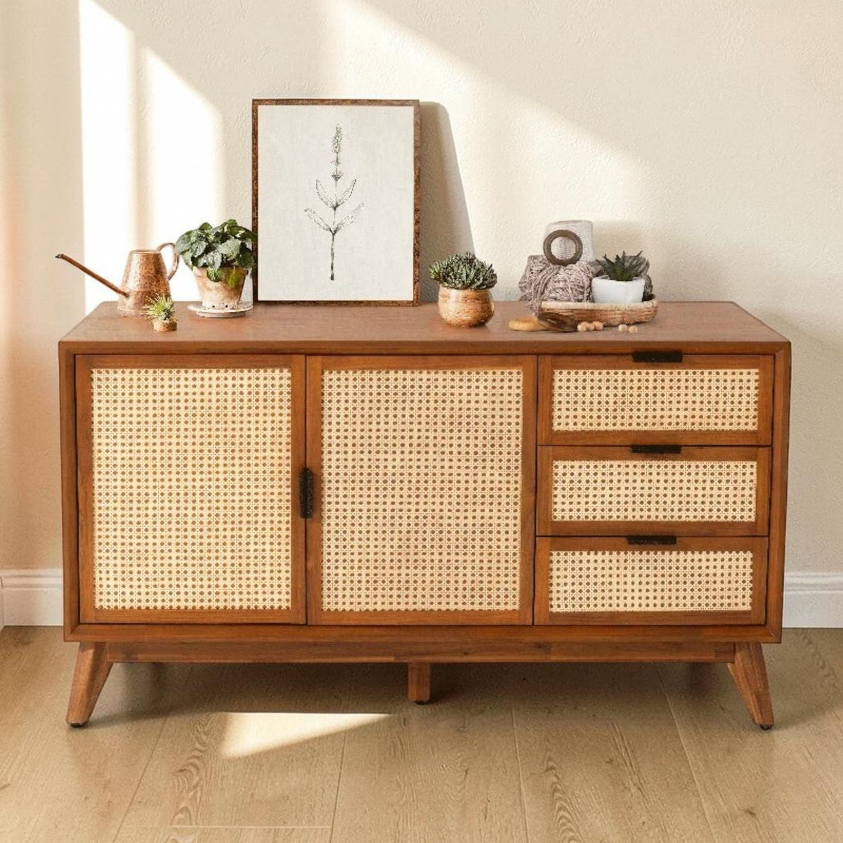 Homecrest Whitlock sideboard in walnut acacia wood with rattan door and drawer fronts on tall tapered legs