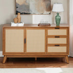 Homecrest Whitlock sideboard in walnut acacia wood with rattan door and drawer fronts on tall tapered legs