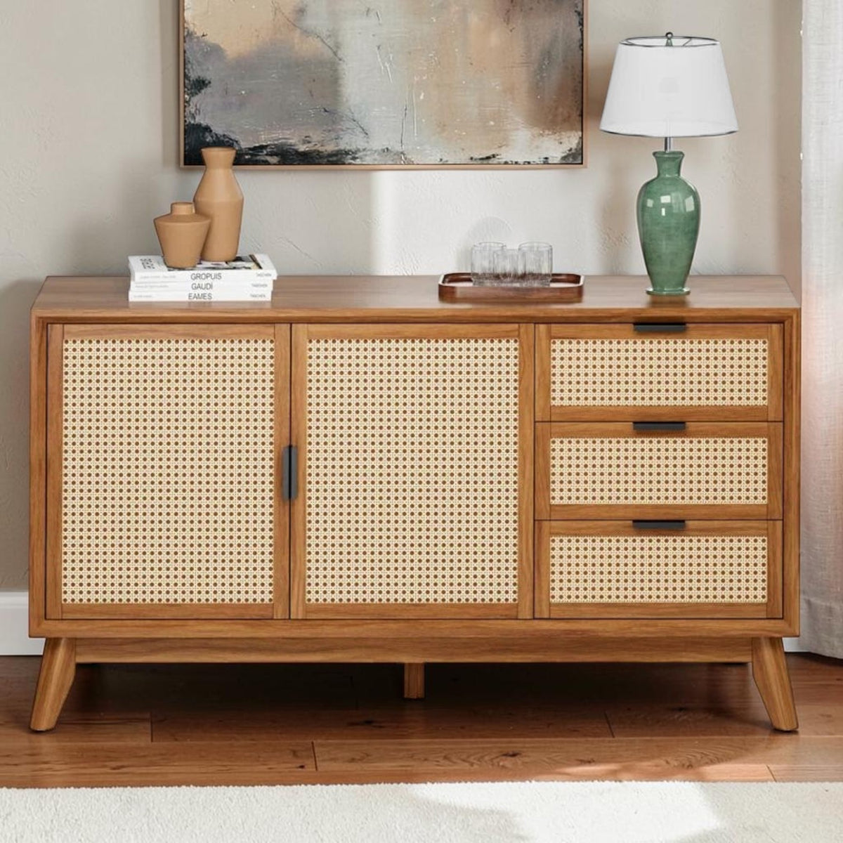 Homecrest Whitlock sideboard in walnut acacia wood with rattan door and drawer fronts on tall tapered legs