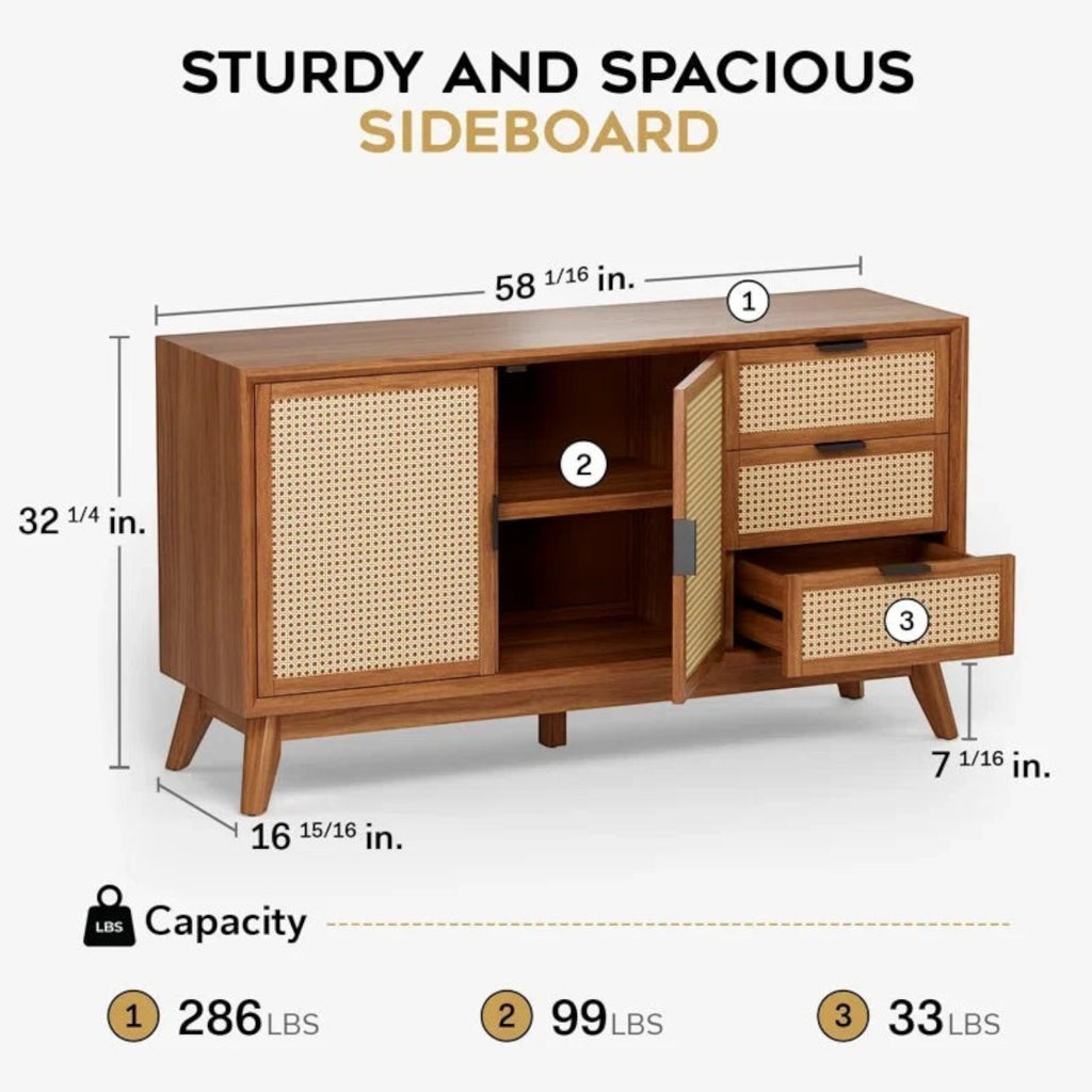 Homecrest Whitlock sideboard in walnut acacia wood with rattan door panels and drawers, showing dimensions and capacity