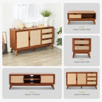 Homecrest Whitlock sideboard in walnut acacia wood with rattan door panels and tall legs in a bright living room