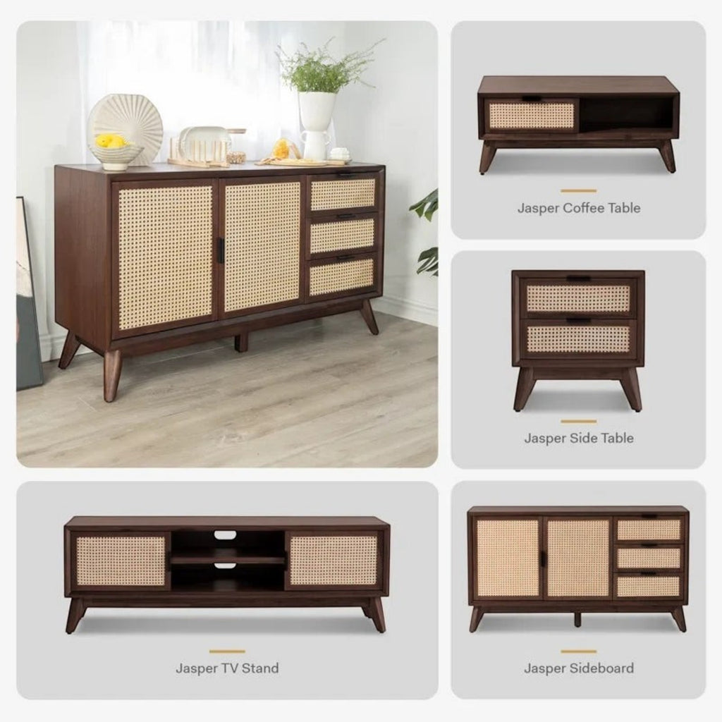 Homecrest Whitlock walnut sideboard featuring acacia wood construction with natural rattan door and drawer fronts