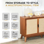 Homecrest Whitlock walnut sideboard with rattan door panels and tall wooden legs in a bright living room setting.