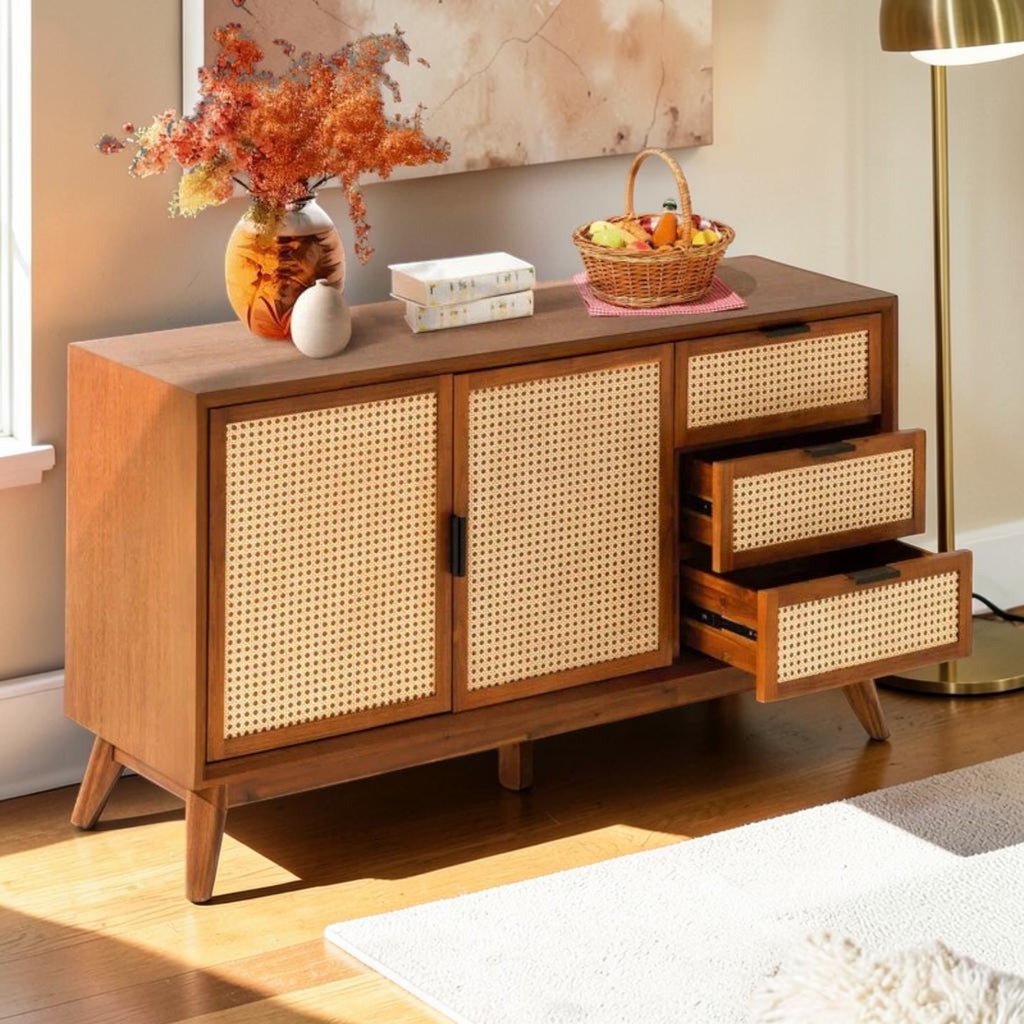 Homecrest Whitlock walnut sideboard with acacia wood frame, rattan door panels, and two open storage drawers.