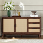 Homecrest Whitlock walnut sideboard with rattan door and drawer fronts on tall acacia wood legs