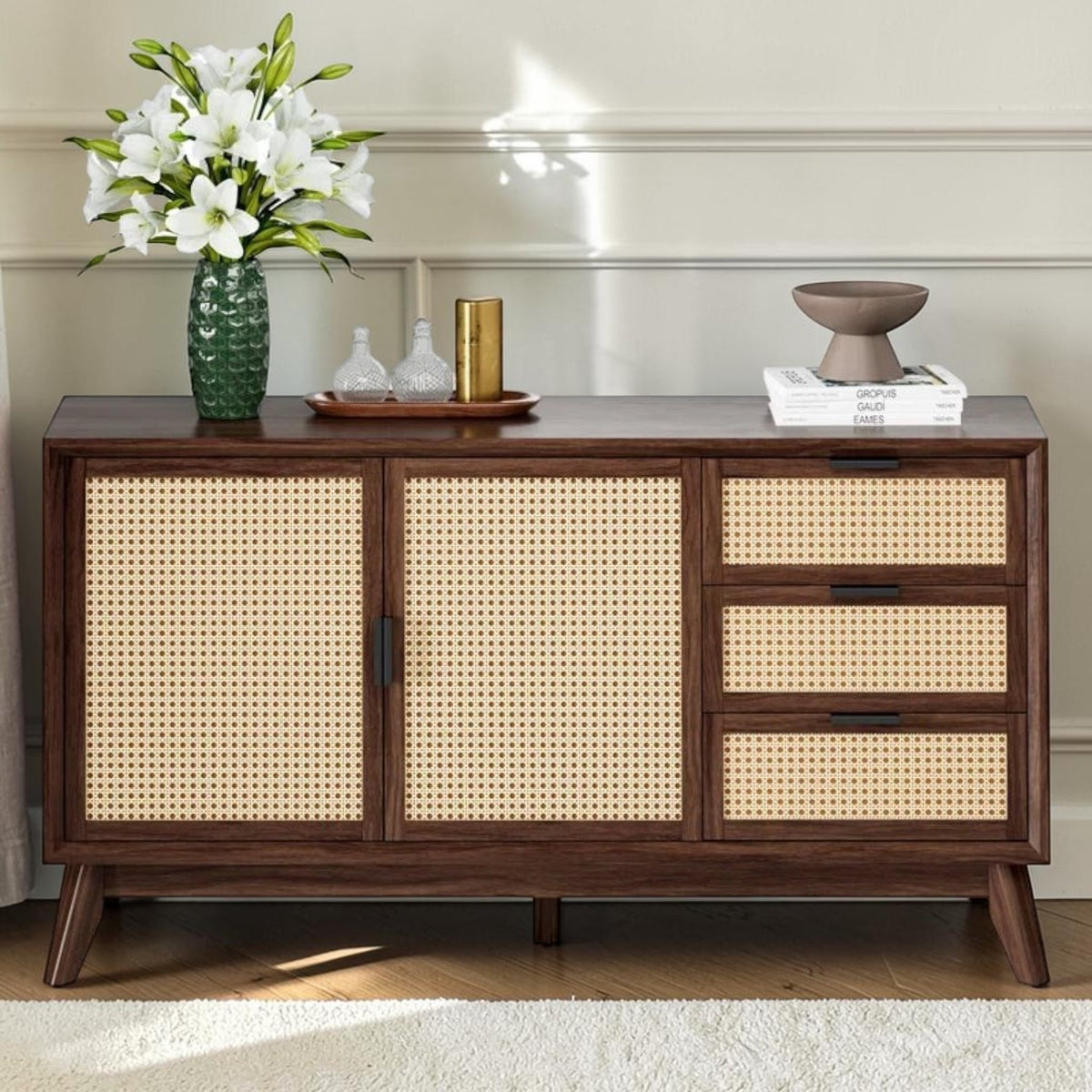 Homecrest Whitlock walnut sideboard with rattan door and drawer fronts on tall acacia wood legs