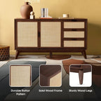 Homecrest Whitlock walnut sideboard with rattan door panels and drawers on tall wooden legs in a living room setting