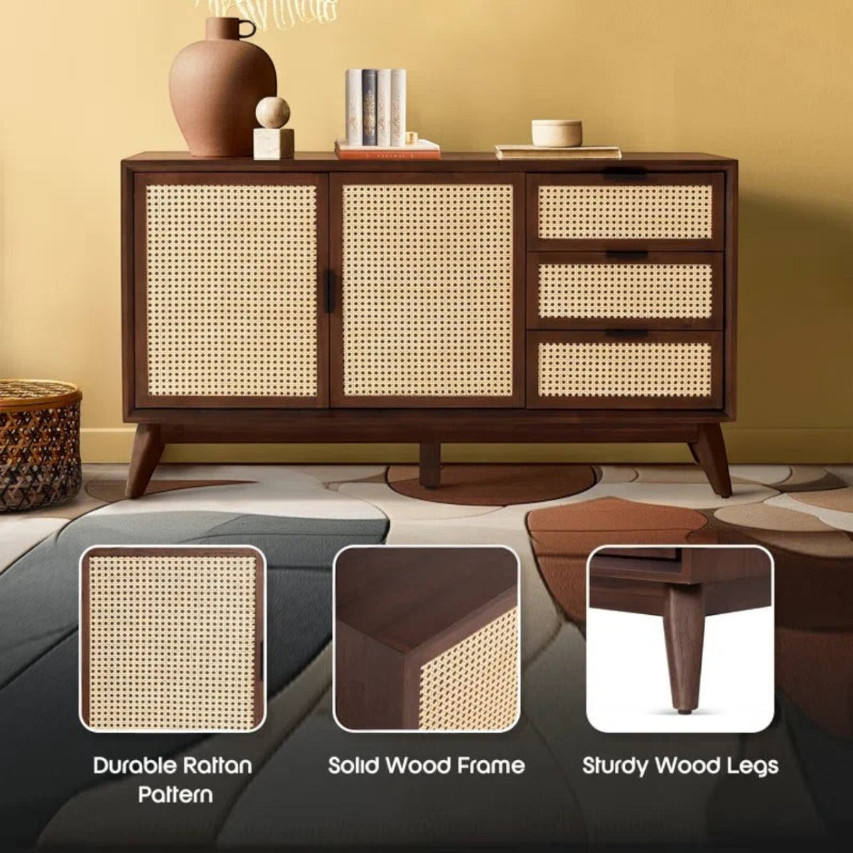 Homecrest Whitlock walnut sideboard with rattan door panels and drawers on tall wooden legs in a living room setting