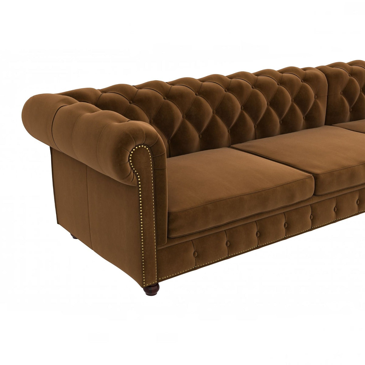 Homecrest Wardour L Shape Chesterfield sofa in brown velvet with tufted back and brass nailhead trim on armrest