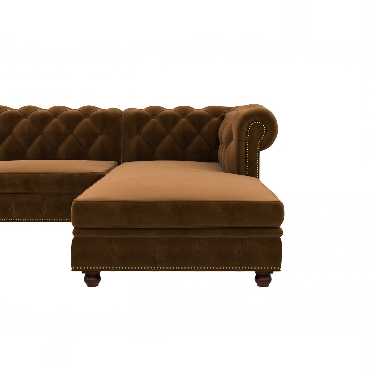 Homecrest Wardour L-shaped brown velvet Chesterfield sofa with tufted back and nailhead trim detail