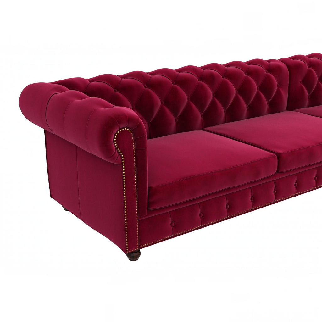 Homecrest Wardour L-shape velvet Chesterfield sofa in burgundy with button tufting and brass nailhead trim