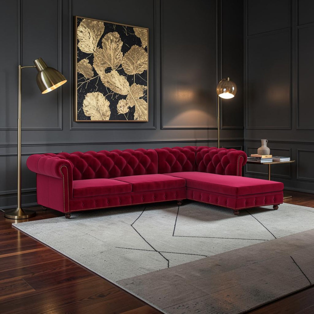 Homecrest Wardour L-shaped burgundy velvet Chesterfield sofa with tufted detailing in a dark modern living room