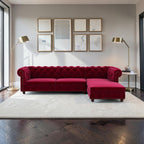 Homecrest Wardour L-shaped burgundy velvet Chesterfield sofa with tufted back and brass nailhead trim in a living room