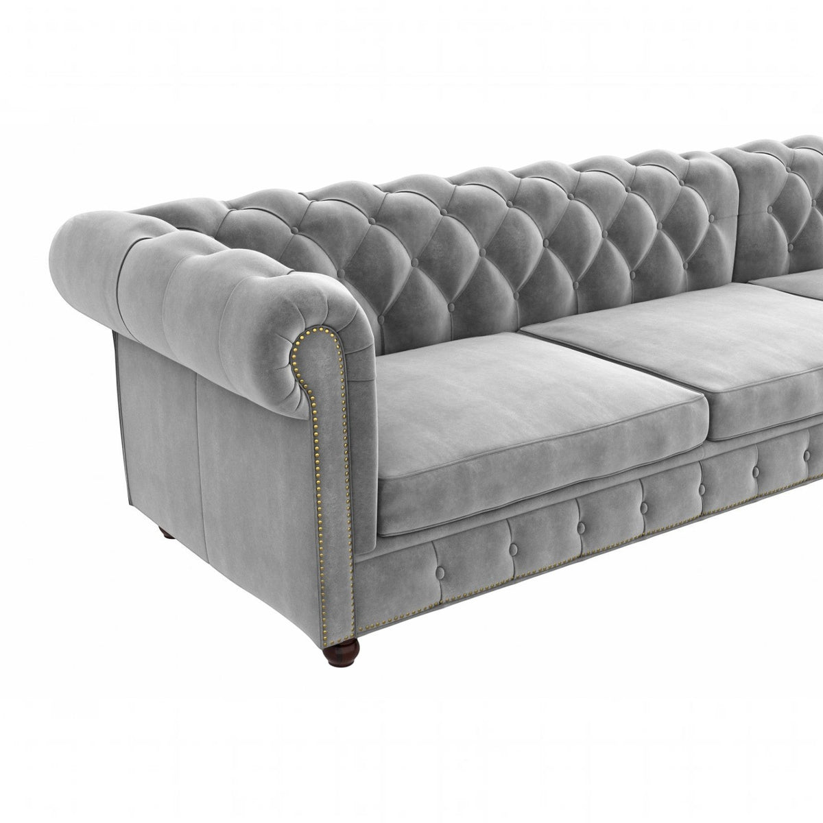 Homecrest Wardour L-shape grey velvet Chesterfield sofa with tufted backrest and brass nailhead trim