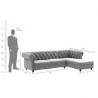 Homecrest Wardour L-shaped grey velvet Chesterfield sofa with tufted back and armrests, shown with dimension labels.