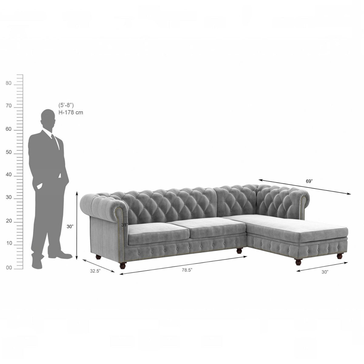 Homecrest Wardour L-shaped grey velvet Chesterfield sofa with tufted back and armrests, shown with dimension labels.