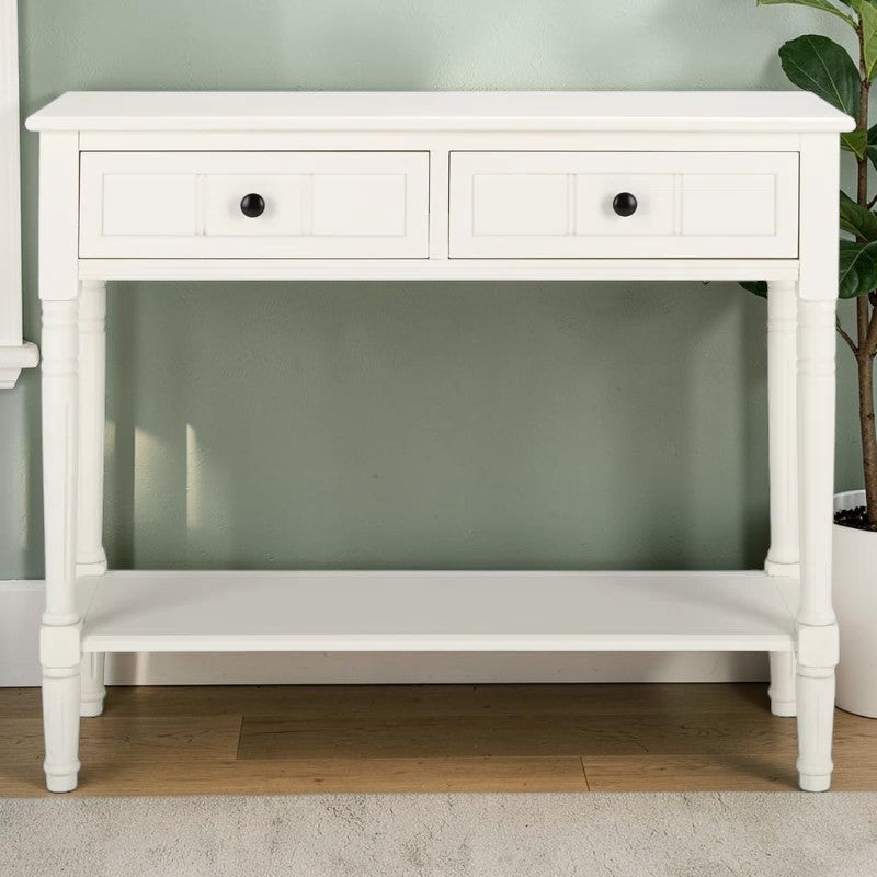 Homecrest Winsley white console table made of sheesham wood with two drawers, a lower shelf, and elegant carved legs.