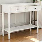 Homecrest Winsley white console table made of sheesham wood with carved legs, two drawers, and a lower shelf.