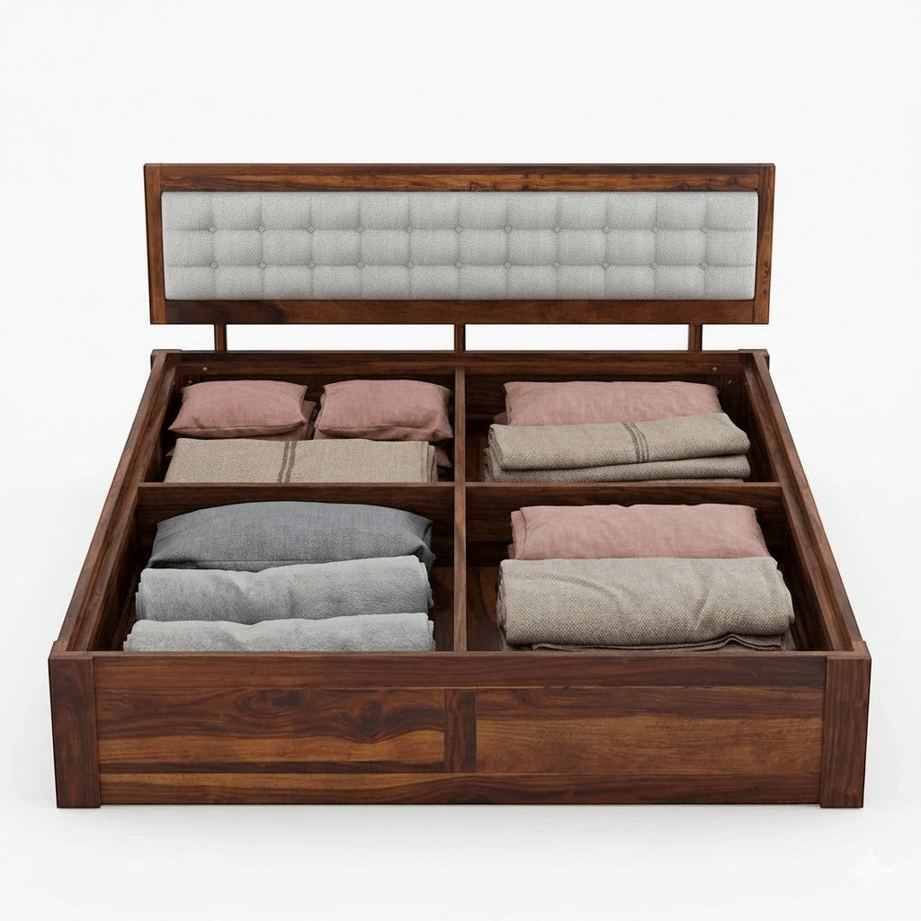 Homecrest Thurloe solid Sheesham wood bed with box storage and a tufted grey cushioned headboard