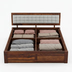Homecrest Thurloe solid Sheesham wood bed with box storage and a tufted grey cushioned headboard