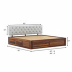 Homecrest Thurloe solid Sheesham wood bed frame with a tufted grey cushioned headboard and box storage base