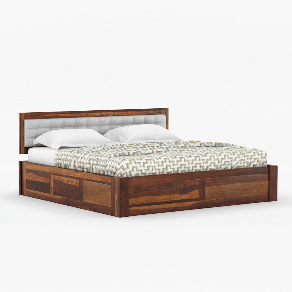 Homecrest Thurloe solid Sheesham wood bed featuring a tufted grey cushioned headboard and natural wood grain finish.