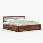 Homecrest Thurloe solid Sheesham wood bed featuring a grey tufted cushioned headboard and natural wood grain finish