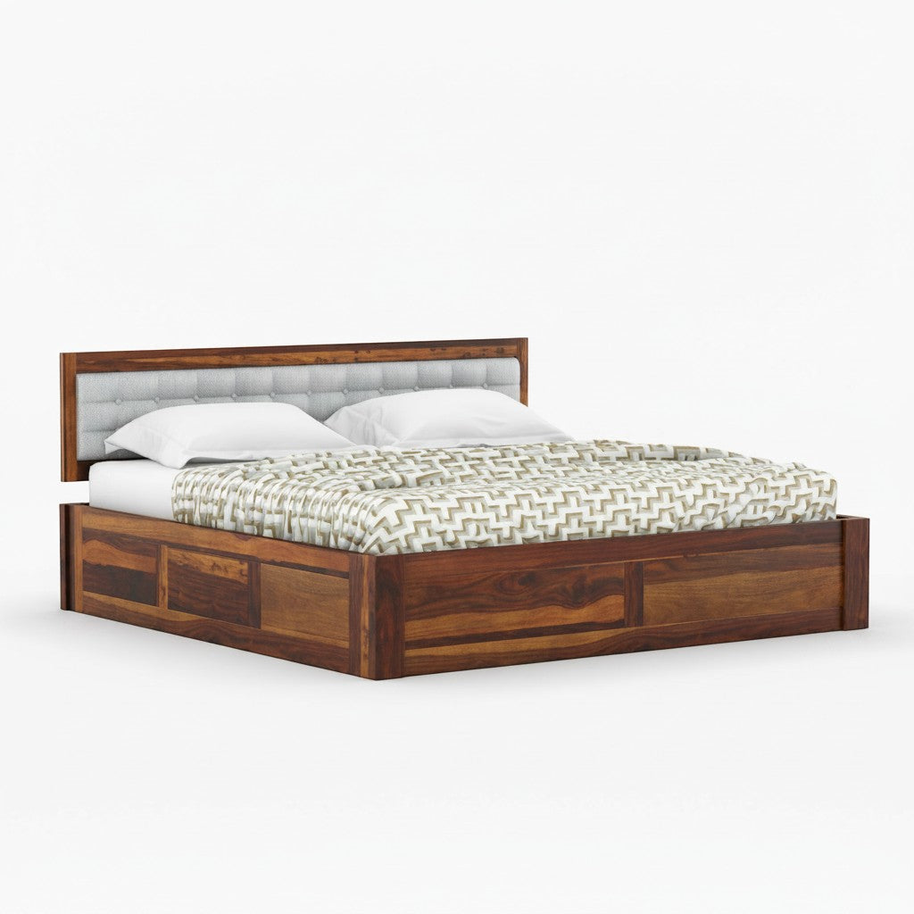 Homecrest Thurloe solid Sheesham wood bed featuring a grey tufted cushioned headboard and natural wood grain finish