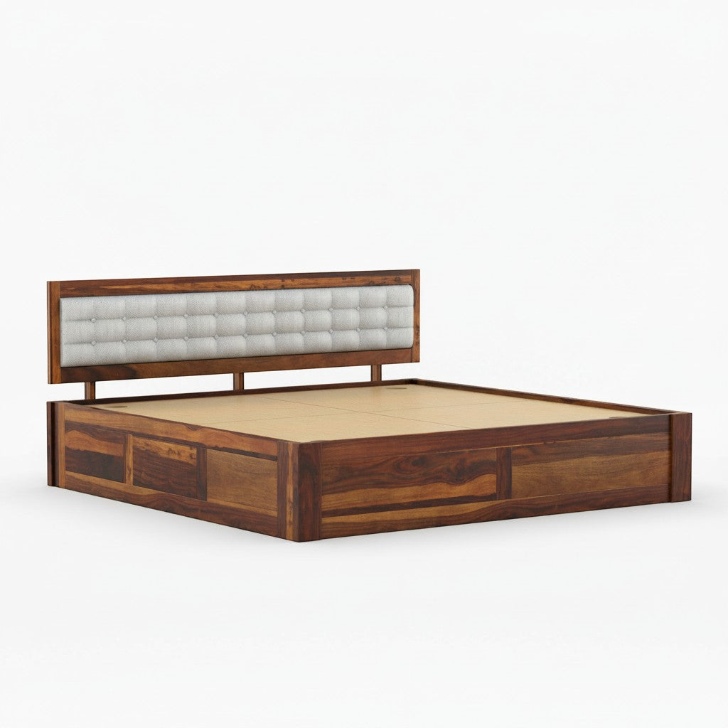 Homecrest Thurloe solid Sheesham wood bed featuring a tufted grey cushioned headboard and natural wood grain finish.