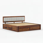 Homecrest Thurloe solid Sheesham wood bed featuring a tufted grey cushioned headboard and natural wood grain finish.