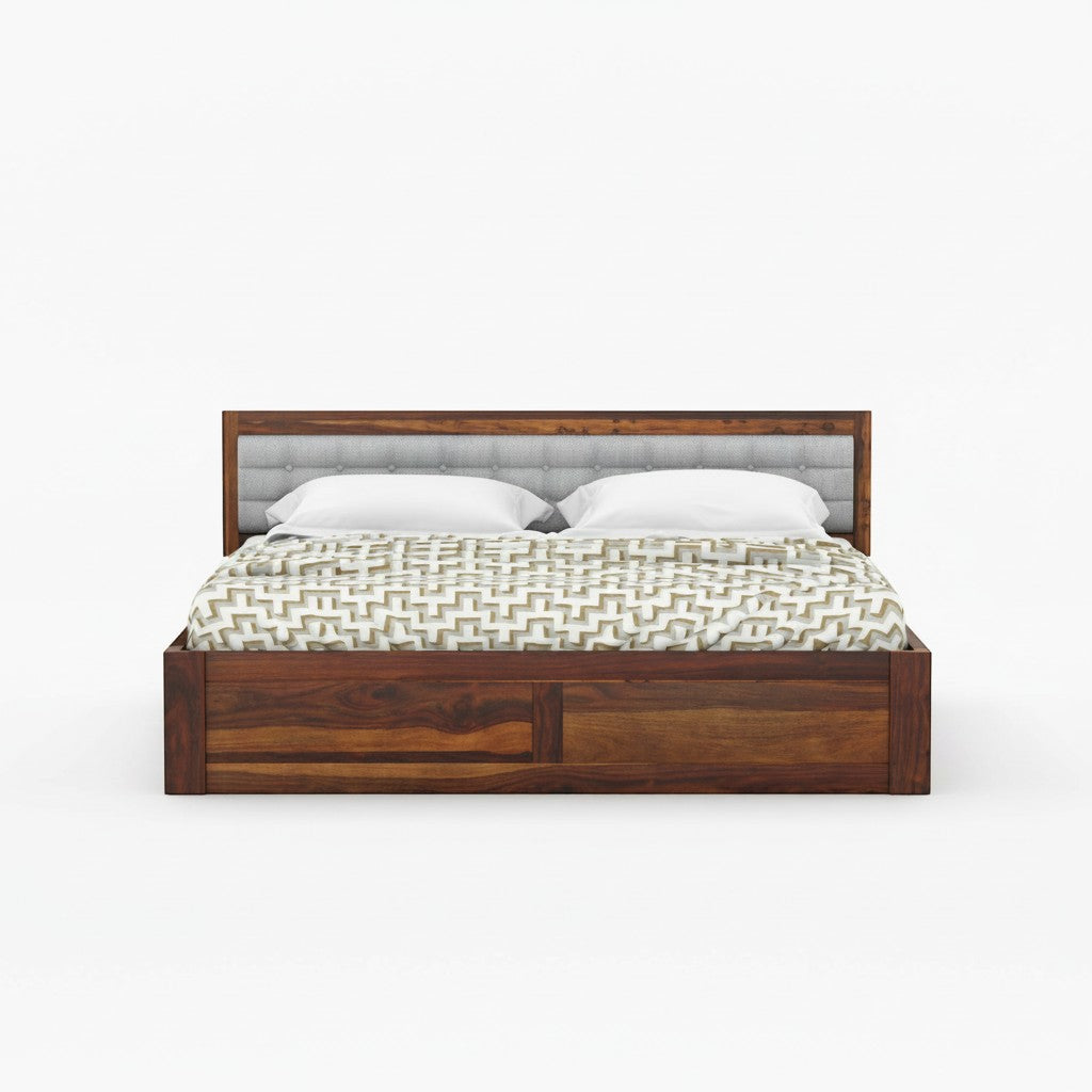 Homecrest Thurloe solid Sheesham wood bed featuring a grey cushioned headboard and natural wood grain finish