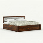 Homecrest Thurloe solid Sheesham wood bed with a grey cushioned headboard and box storage base in a dark wood finish.